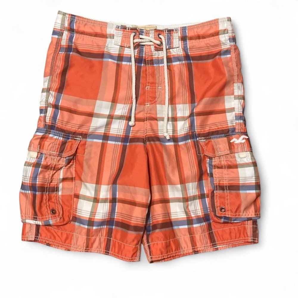 Hollister Men's Medium plaid cargo swim shorts lined orange white vtg y2k M/35.